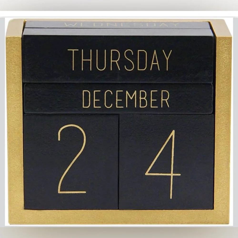 Elegant Wooden Block Perpetual Calendar | Black & Gold | New